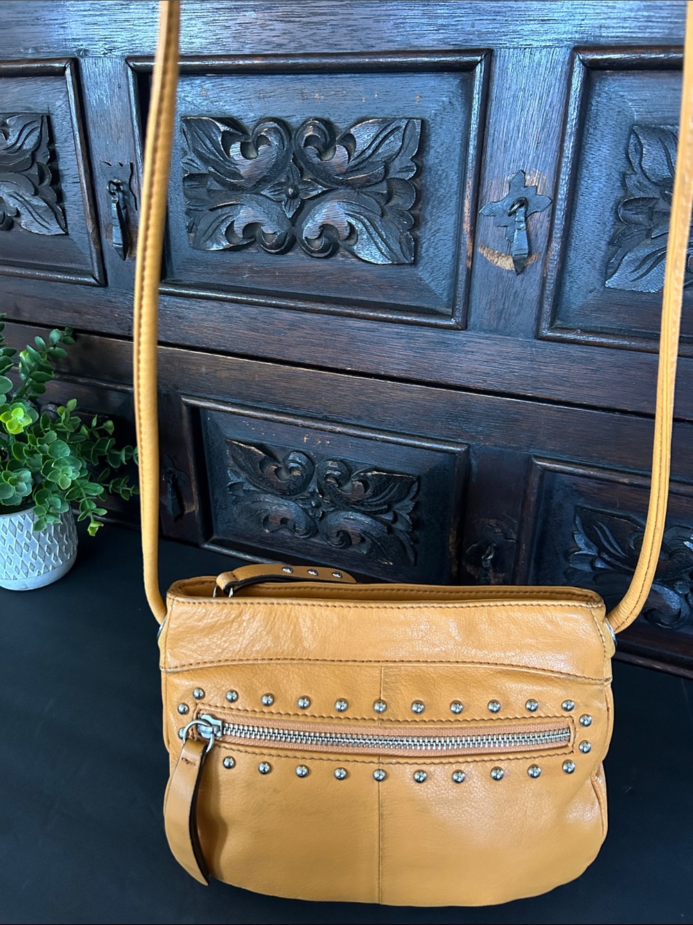 B. makowsky Mustard Yellow Studded Leather Crossbody - Picture 7 of 11